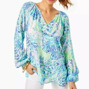 Lilly Pulitzer WILLA Pink and Blue Turtle 🐢 Print Rayon Blouse Size Small ~ EUC